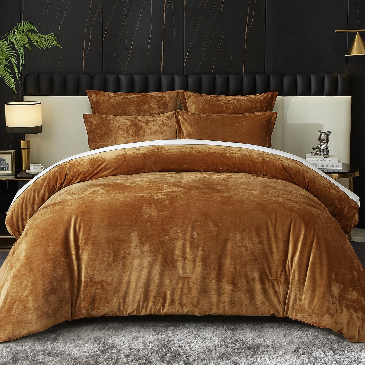Ivellow Crushed Velvet Comforter Set Queen Lightweight Comforter 5Pcs Ultra Soft Breathable Bedding Set Luxury Cozy Flannel Comf